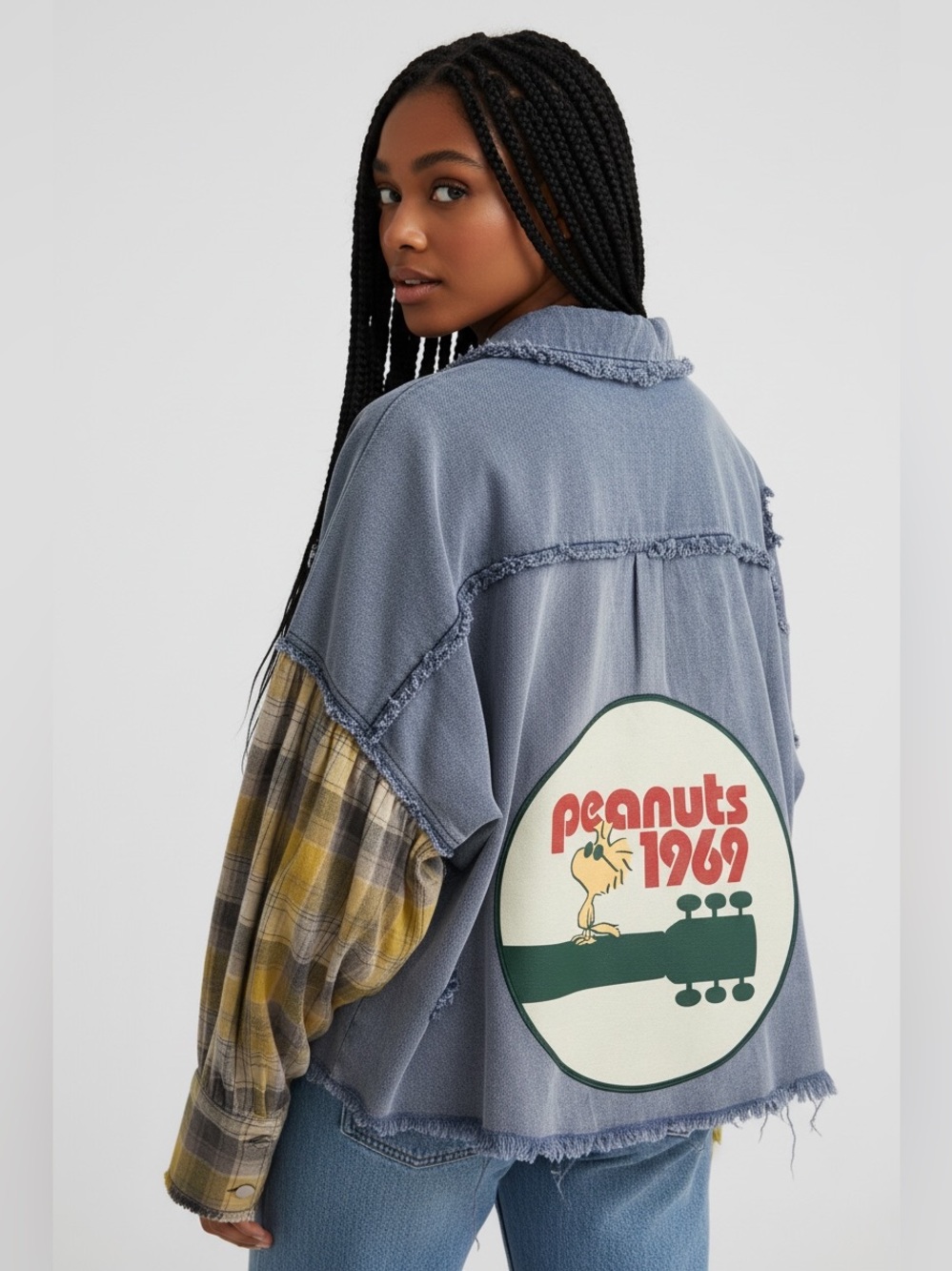 POL S Peanuts Woodstock Denim Plaid Distressed Shacket Jacket OOAK